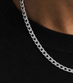 Close-up of silver tone chain links around a neckline