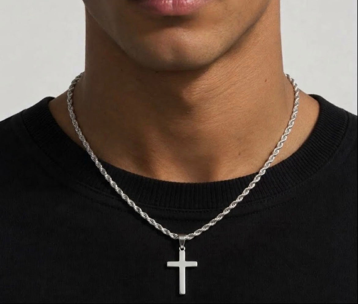 Silver Tone Cross Pendant Necklace – 24 Inch Rope Chain