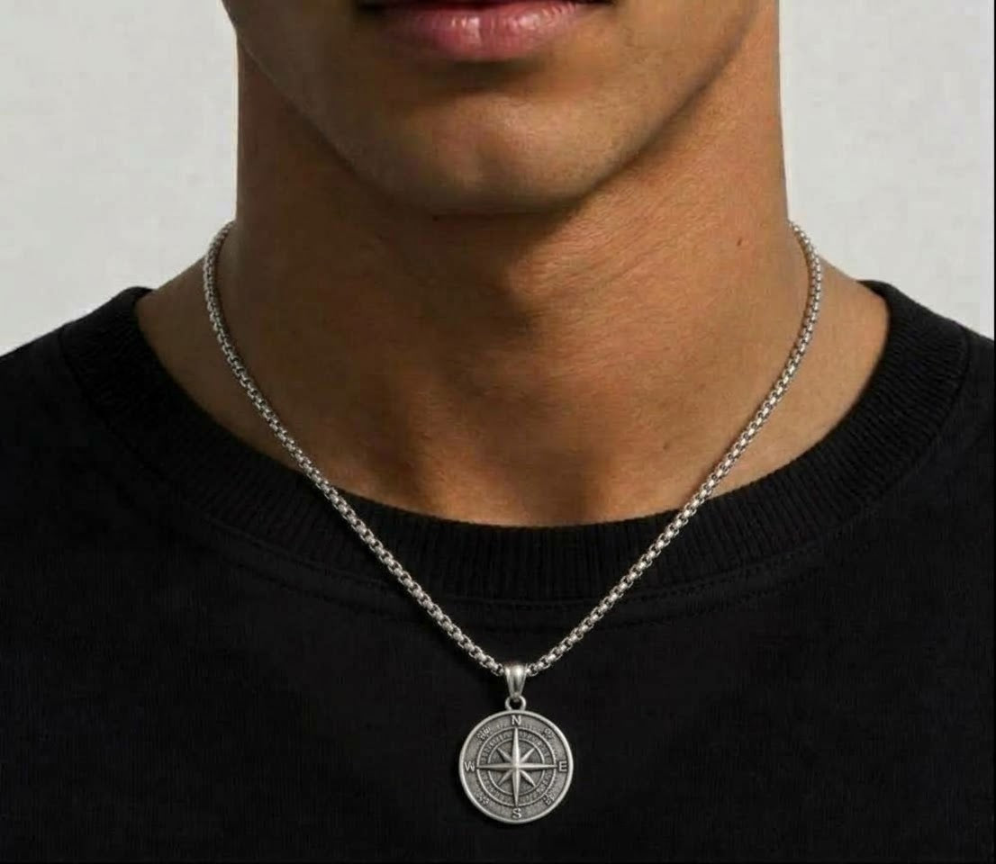Stainless Steel Compass Pendant Necklace – 24 Inch