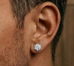 Round clear-stone stud earring worn on an ear