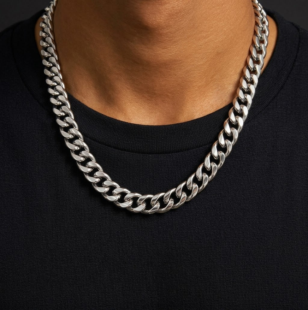 Men's Silver Tone Curb Chain Necklace – 9mm Stainless Steel
