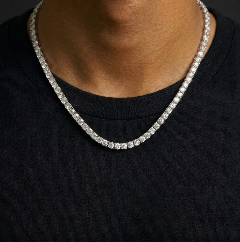 Men's Silver Tone Tennis Chain Necklace – 4mm Rhinestone