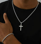 Silver tone rope cross necklace and bracelet worn together