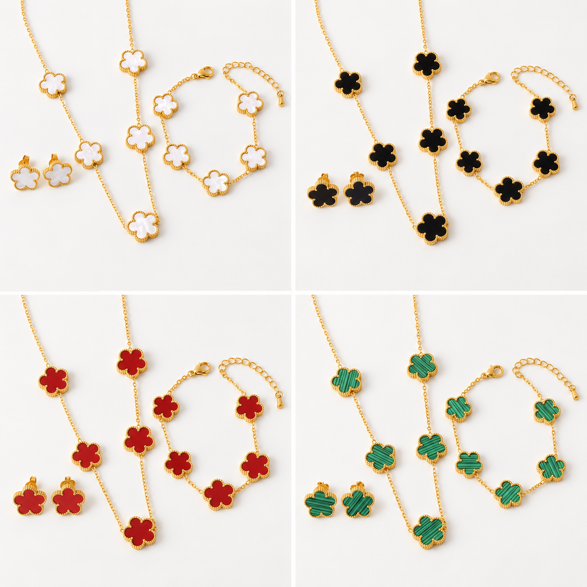 Clover necklace, bracelet and earring sets in white, black, red and green