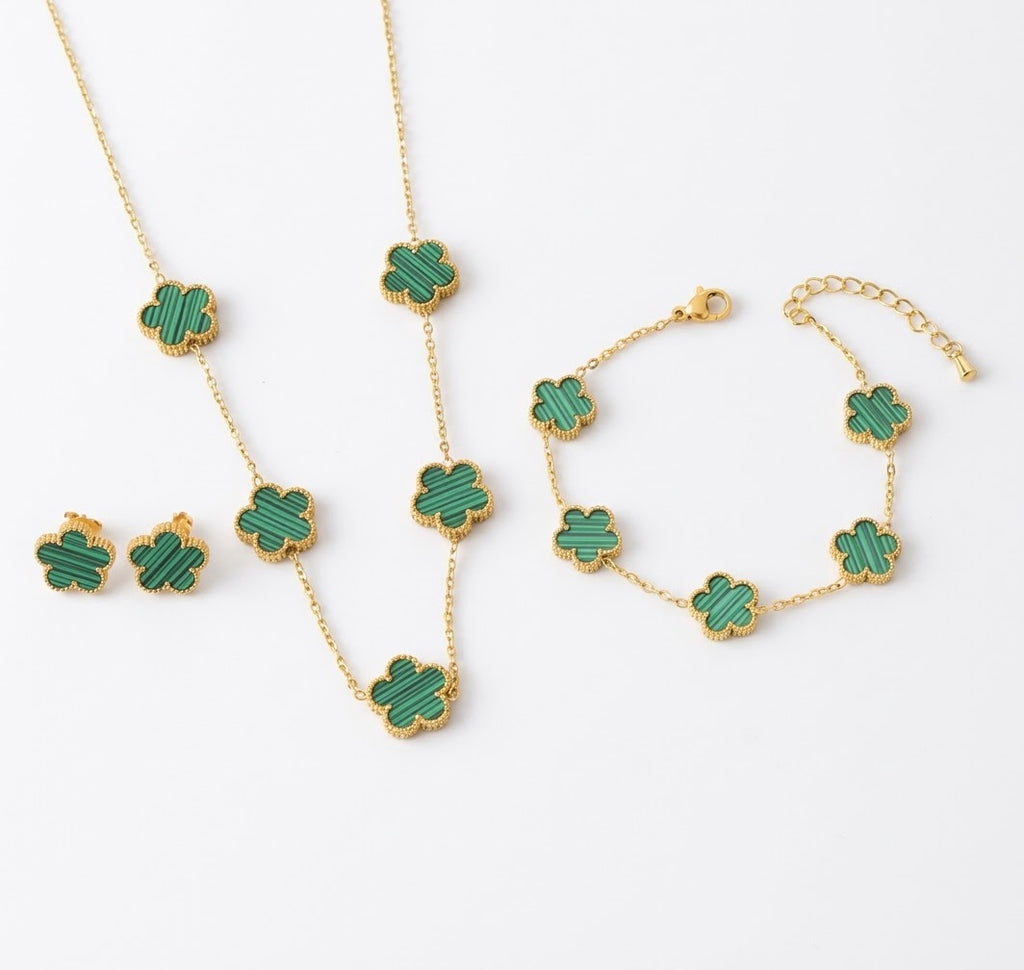Green clover necklace, bracelet and stud earrings with gold tone settings