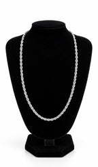 Silver tone rope chain necklace on a black jewellery bust