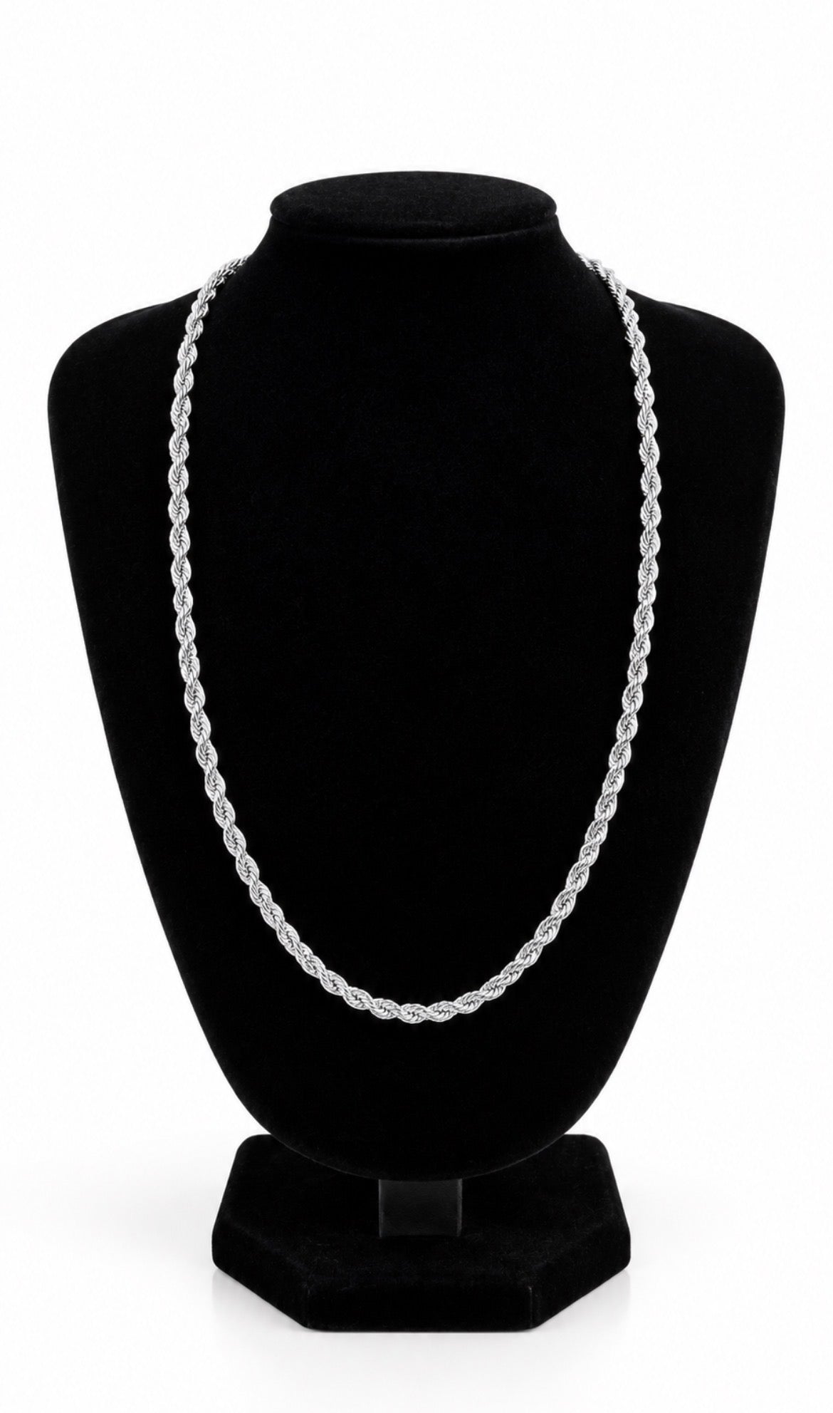 Silver tone rope chain necklace on a black jewellery bust