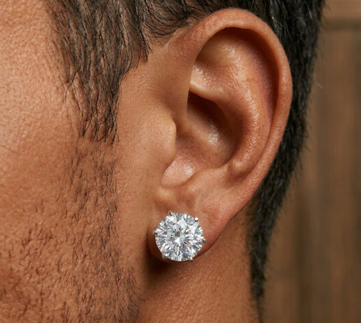 Round clear-stone magnetic earring worn on an ear